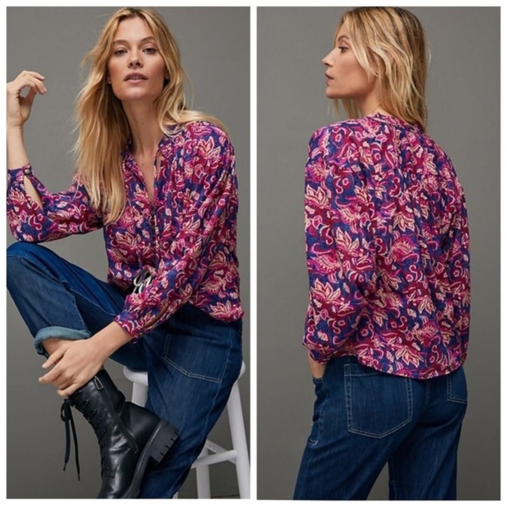 Pilcro Anthropologie Lucille Floral Button Front Tie Peasant Blouse XS N…
